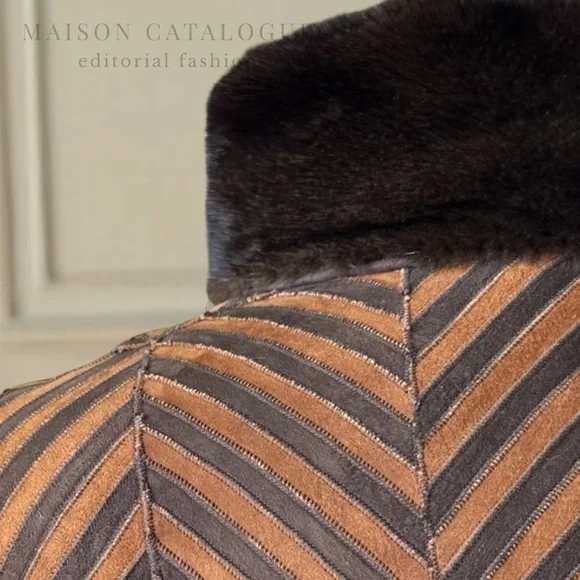 Dennis Basso Vintage Mink & Lamb Suede Shearling Chevron Piecework Jacket